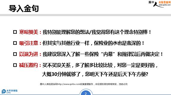 首页 险种资料 太平洋人寿 >>正文大病险 防癌险沟通话术训练  导入
